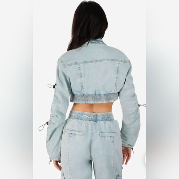 Smoke Rise Cropped Denim Jean Short Bungee Jacket Stretch Blue Size L Streetwear - Picture 2 of 11